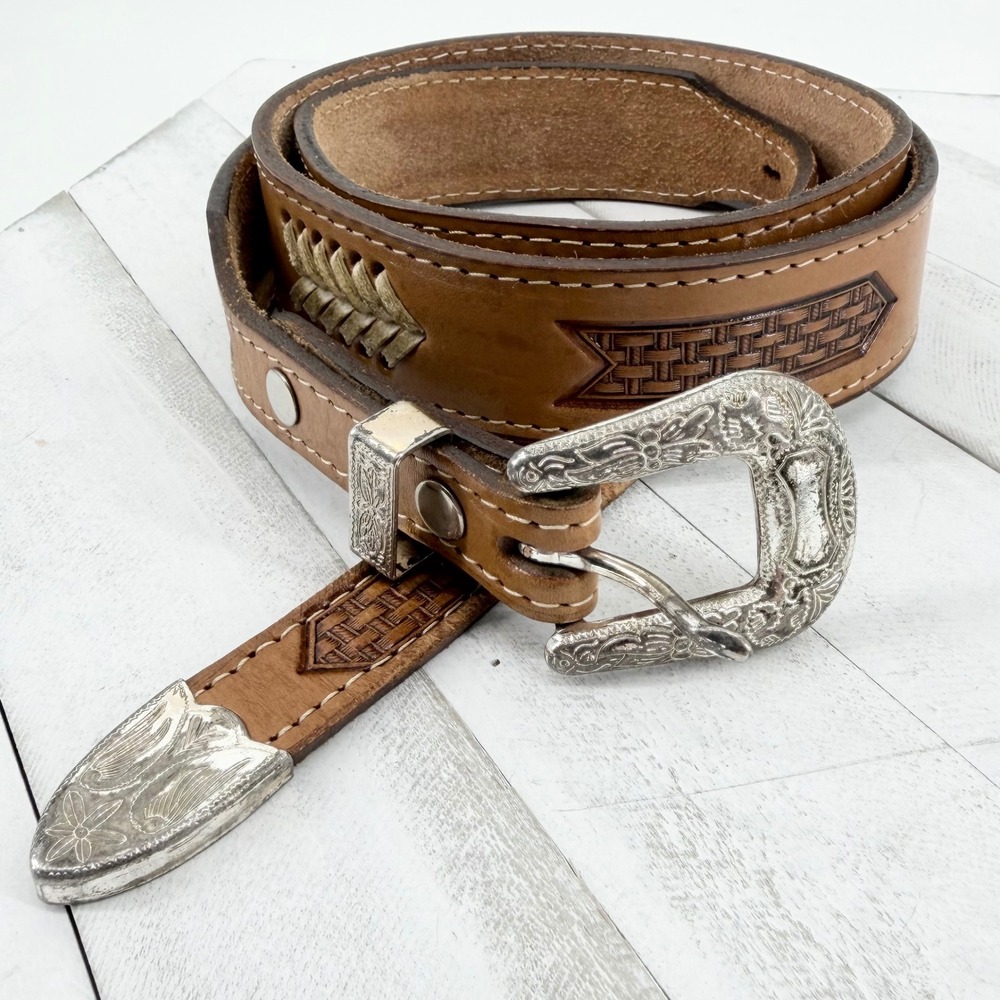 Vintage 3D Belt Co Size 42 Texas Tooled Leather Western Ranger Belt Brass Silver